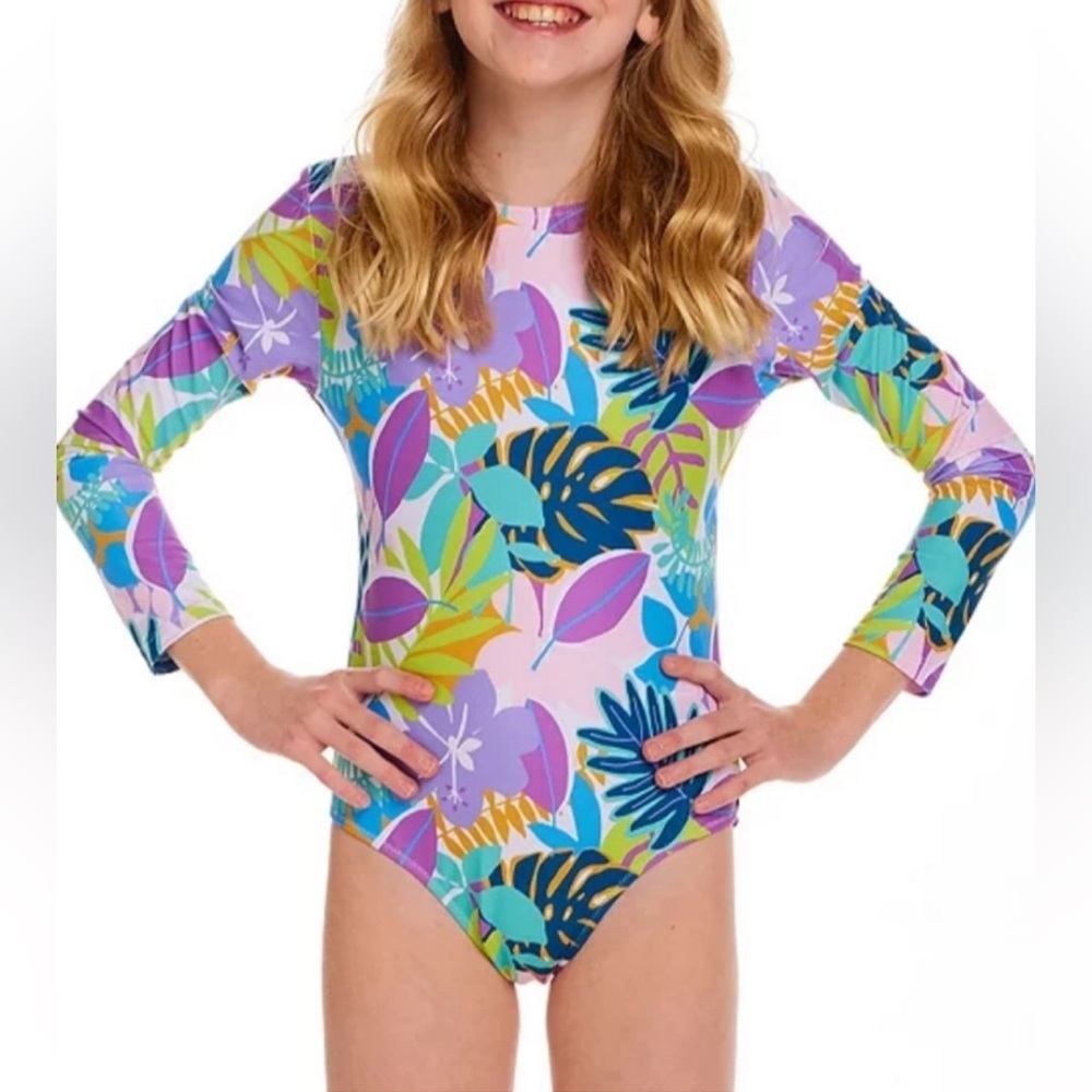 Andy & Evan Girls Long Sleeved One Piece Leaf Print Swimsuit Size M (10)​